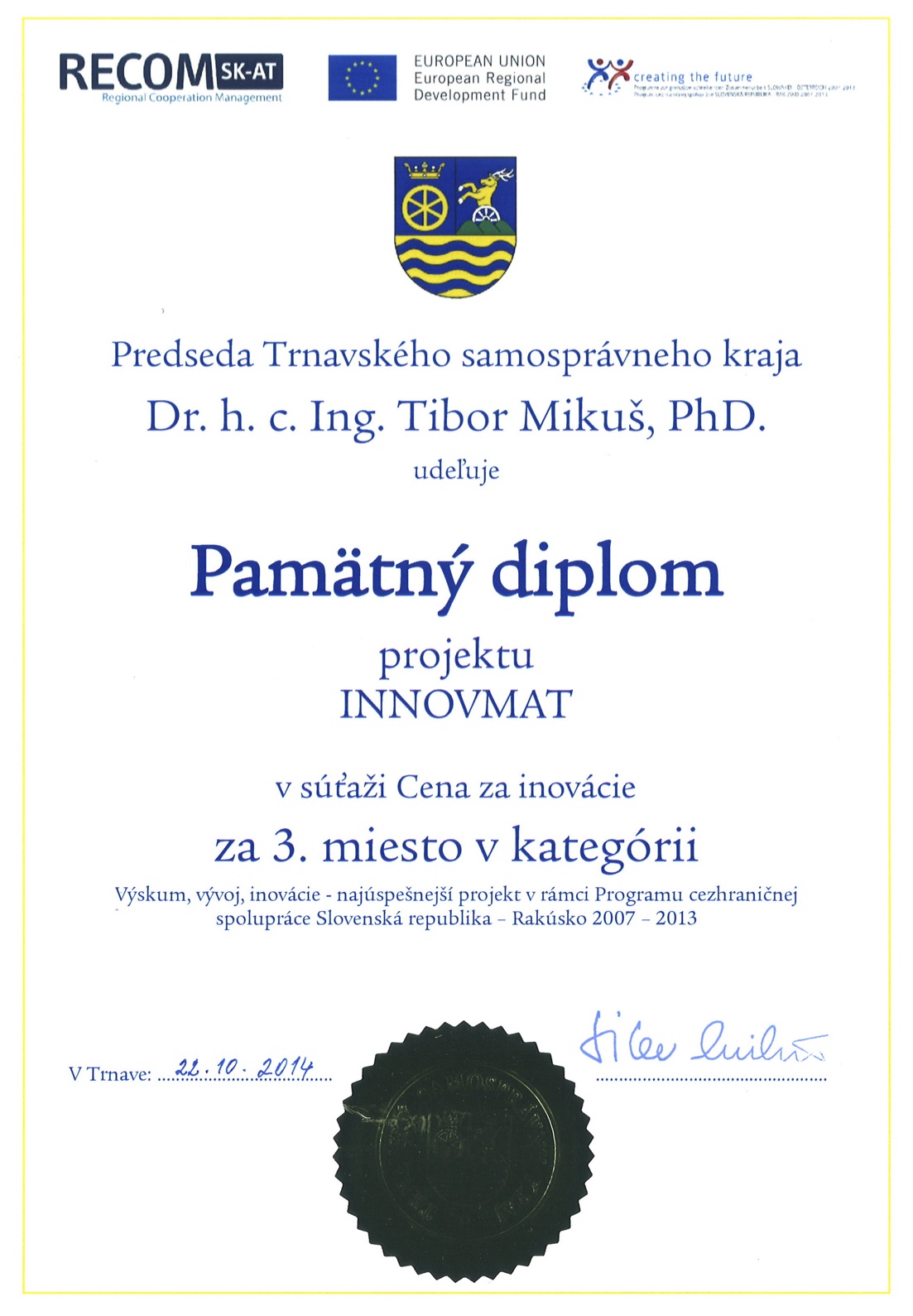 Projekt INNOVMAT získal 3. miesto